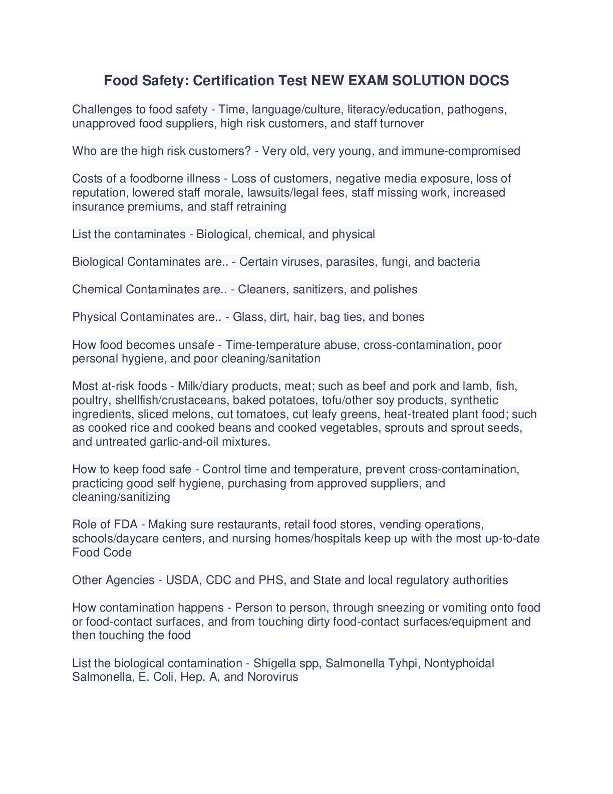 Preview image for Food Safety: Certification Test NEW EXAM SOLUTION DOCS